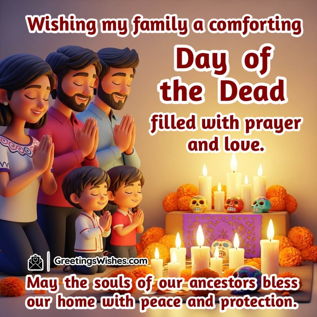 Day of the Dead image featuring a family praying before a home altar adorned with marigolds, candles, and offerings, symbolizing ancestral blessings, love, and protection.