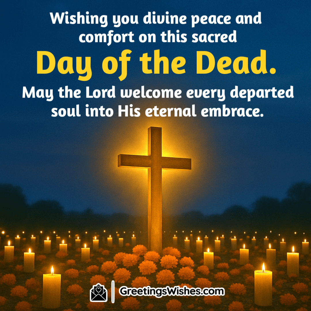 Day of the Dead image featuring a glowing cross surrounded by candles and marigold petals under soft golden light, symbolizing divine peace, prayer, and remembrance.