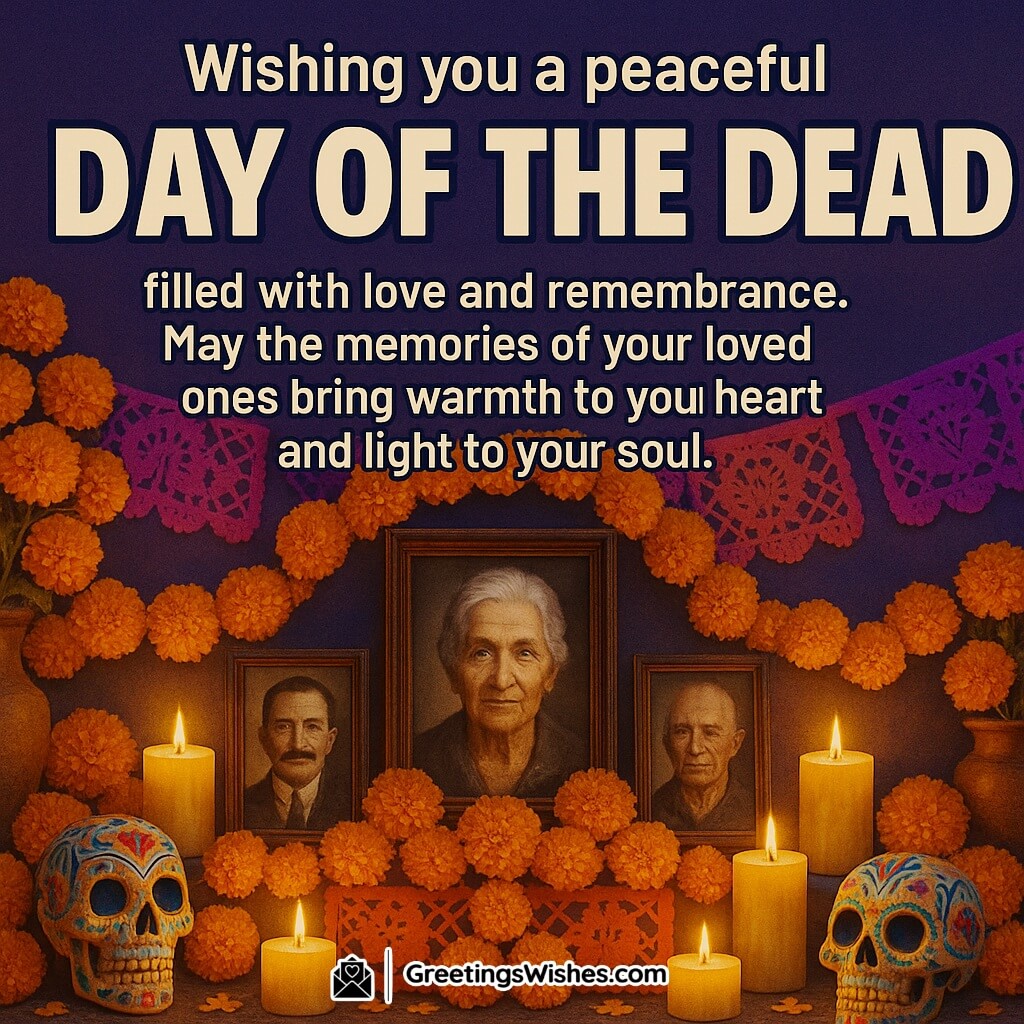 Day of the Dead image featuring a decorated altar with glowing candles, marigold flowers, and framed photos of loved ones, symbolizing remembrance, love, and eternal light.
