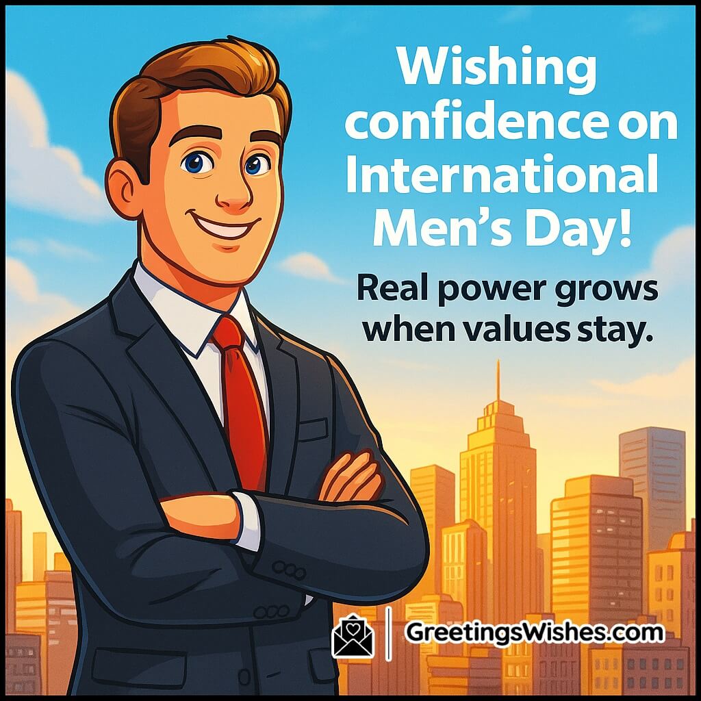 International Men’s Day image featuring a professional man standing confidently near a city skyline with sunlight reflecting on tall buildings, symbolizing confidence, integrity, and values.