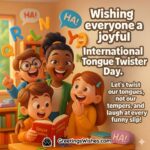 International Tongue Twister Day image featuring friends reading tongue twister Book in a bright room with colorful letters swirling in the air, symbolizing joy, playfulness, and fun with words.