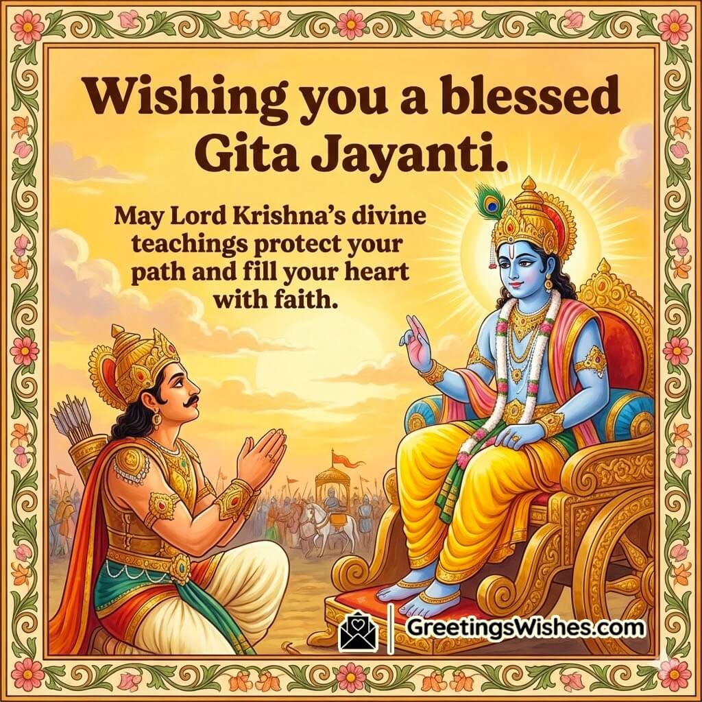 Gita Jayanti Blessed Faith Wish Image featuring Krishna blessing Arjun with a glowing path of light symbolizing guidance protection and unshaken faith.