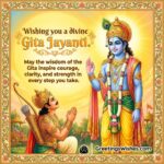 Gita Jayanti Divine Wisdom Wish Image featuring Krishna teaching Arjun on the Kurukshetra battlefield under a golden sunrise sky symbolizing courage clarity and strength.