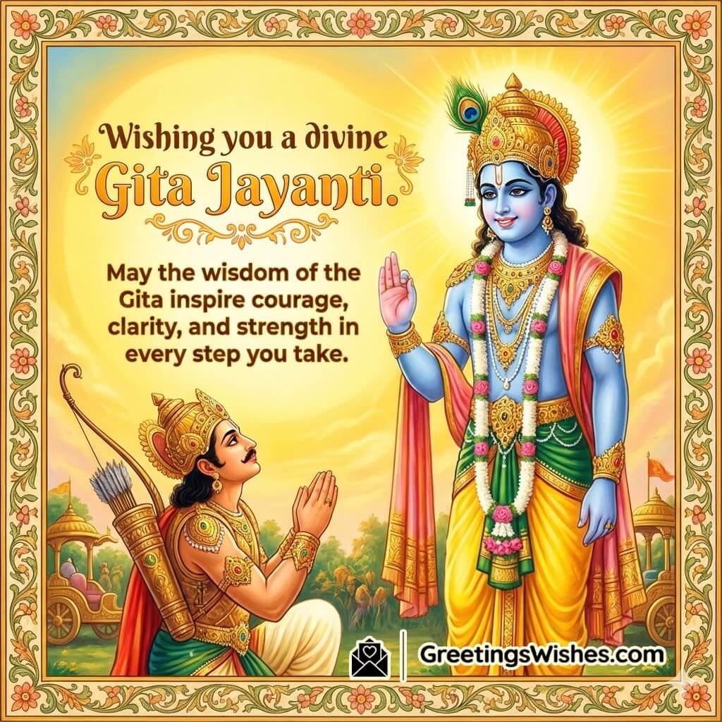 Gita Jayanti Divine Wisdom Wish Image featuring Krishna teaching Arjun on the Kurukshetra battlefield under a golden sunrise sky symbolizing courage clarity and strength.