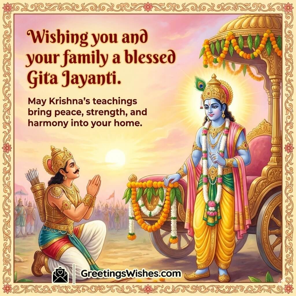 Gita Jayanti Family Blessings Wish Image featuring Krishna as charioteer guiding Arjun with distant town and bright sky symbolizing peace strength and harmony at home.