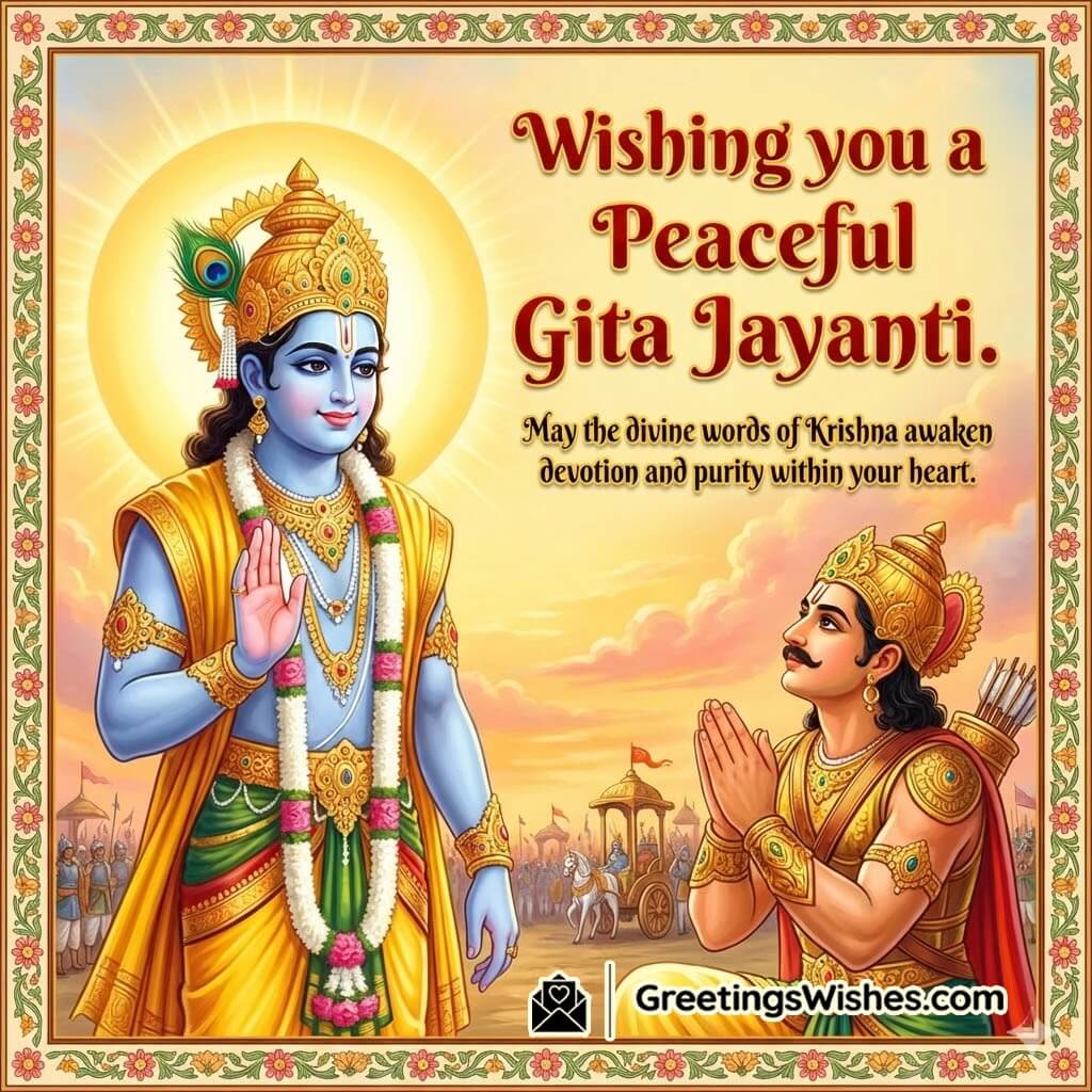 Gita Jayanti Peace And Devotion Message Image featuring Krishna blessing Arjun in a calm scene with warm golden sky symbolizing inner purity and loving devotion.