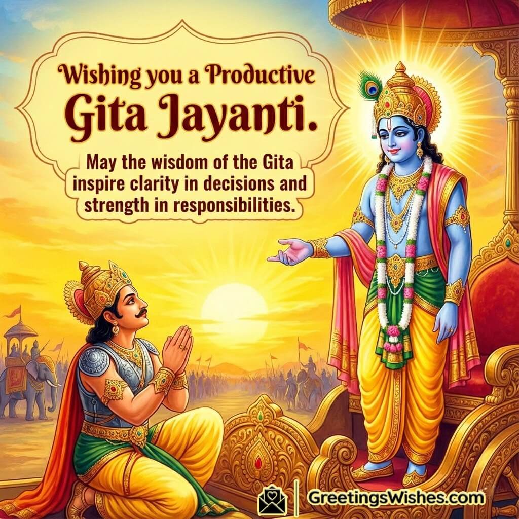 Gita Jayanti Productivity And Wisdom Wish Image Krishna guiding Arjun with bow ready under a bright sunrise sky symbolizing wise decisions and strong action.