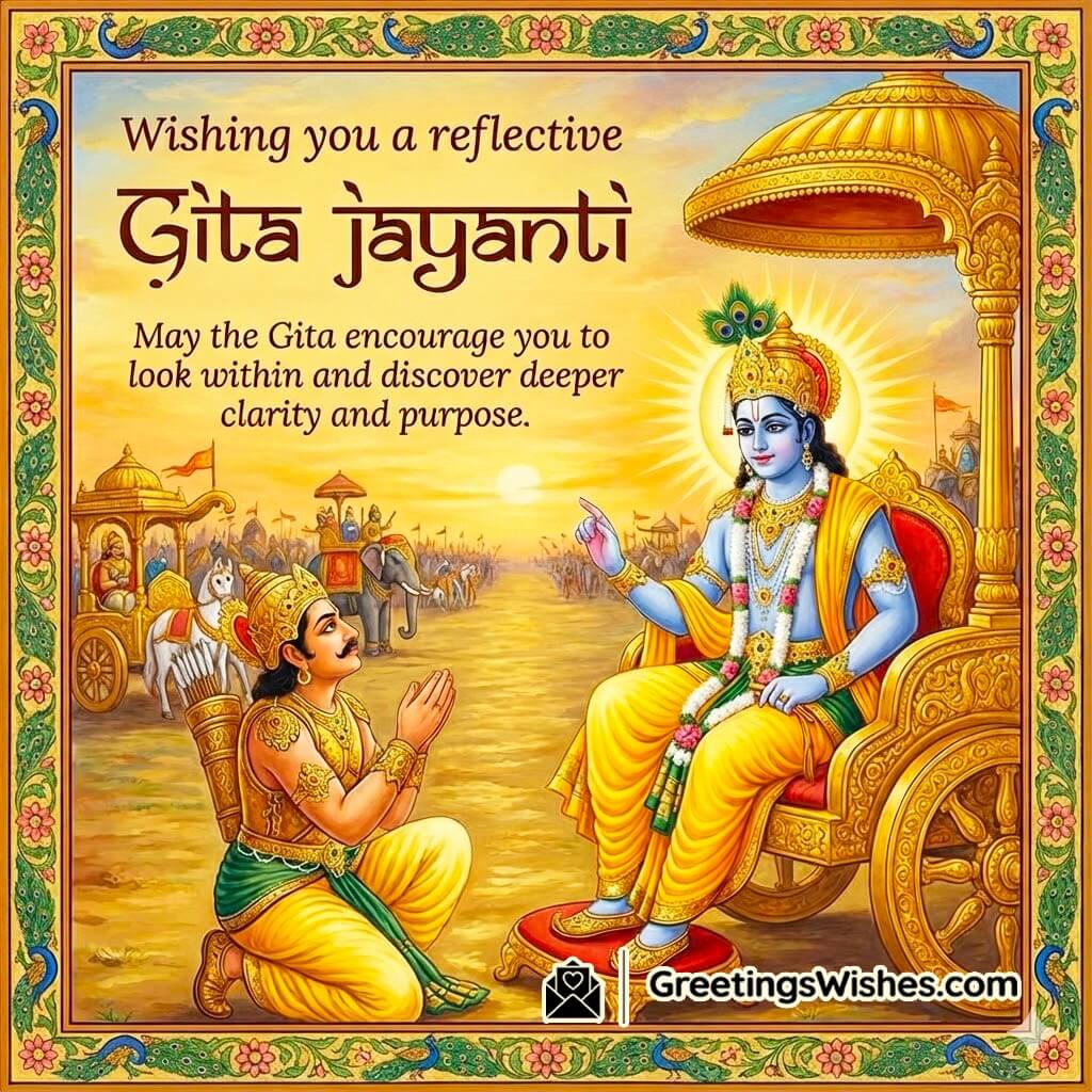 Gita Jayanti Reflective Purpose Message Image featuring Krishna teaching while Arjun sits in quiet meditation under a gentle sky symbolizing self inquiry clarity and purpose.
