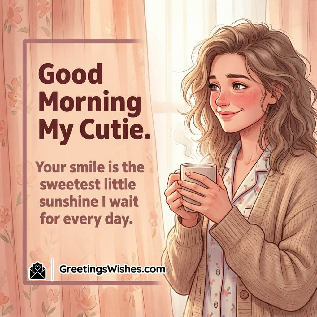 Good Morning Cute Romantic Love Quote Image featuring a woman in a pastel morning room with natural wall space, symbolizing sweetness, affection, and warm romantic feelings.