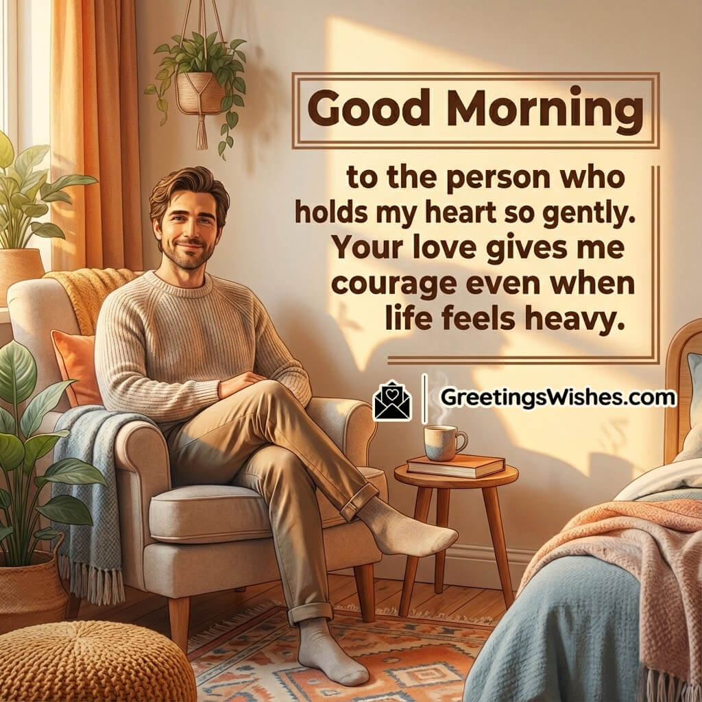 Good Morning Heartfelt Love Quote Image featuring a man in a cosy indoor setting with gentle morning light, symbolizing emotional strength, support, and quiet romantic connection.