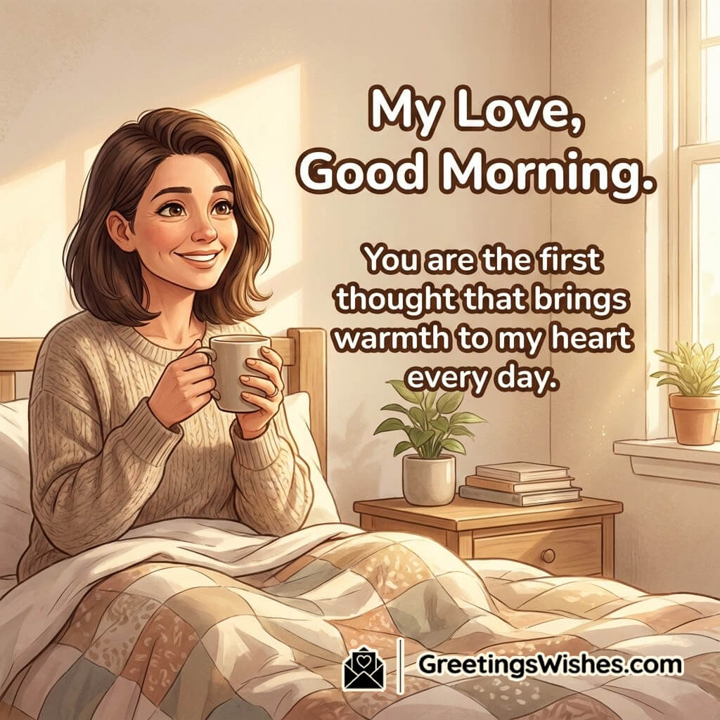 Good Morning Love Quote Image featuring an woman in a softly lit morning bedroom with sunlight on the wall, symbolizing deep affection, warmth, and loving morning thoughts.