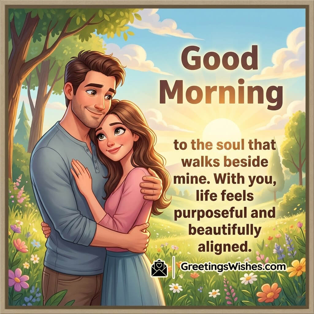 Good Morning Soulful Love Quote Image featuring a couple in a bright morning nature scene with clear sky, symbolizing harmony, purpose, and soulful togetherness.