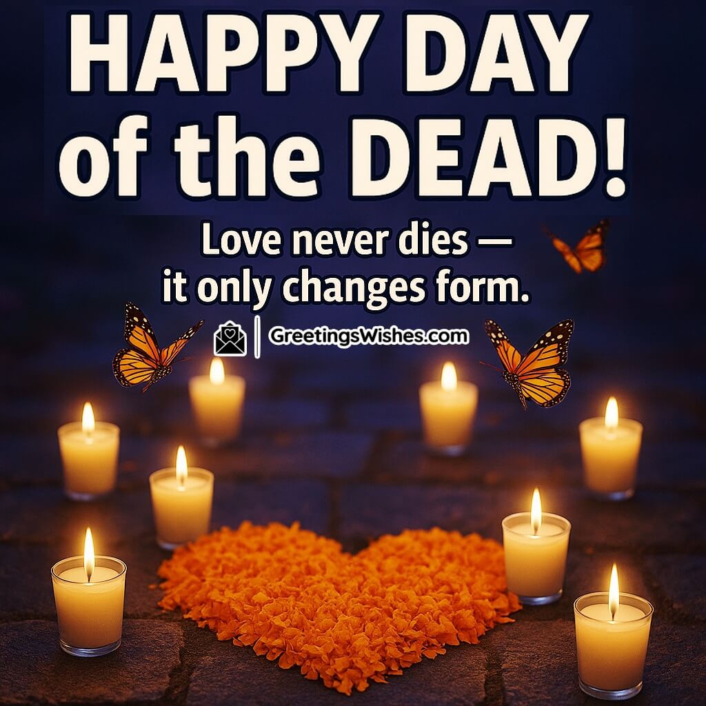 Day of the Dead image featuring a heart-shaped arrangement of marigold petals and glowing candles, symbolizing eternal love, remembrance, and spiritual connection.