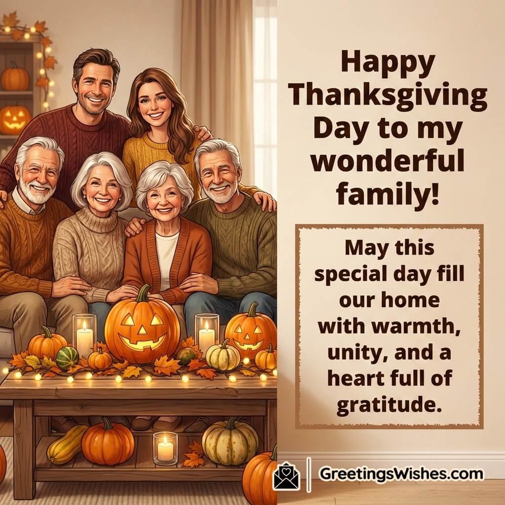 Thanksgiving image featuring a smiling family sitting together in a cozy festive living room with pumpkins and candles, symbolizing warmth, unity, and gratitude.