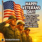 Veterans Day image featuring soldiers standing under a waving national flag at sunrise, symbolizing courage, sacrifice, unity, and peace.