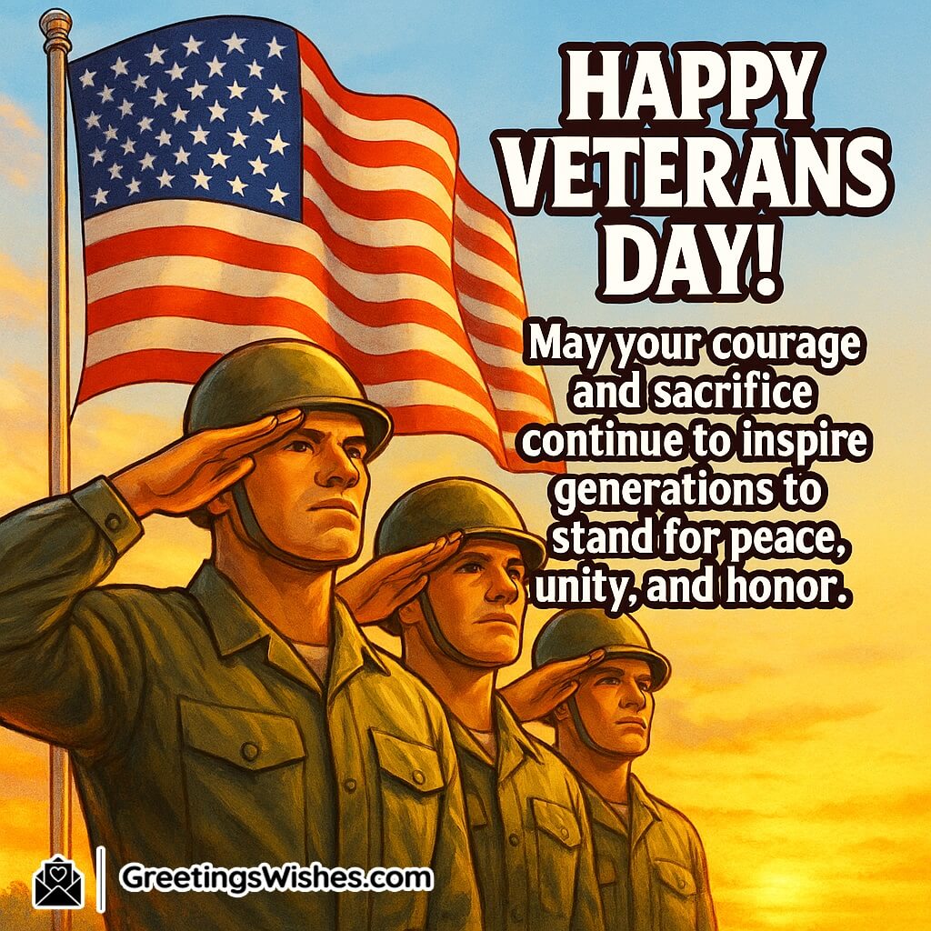Veterans Day image featuring soldiers standing under a waving national flag at sunrise, symbolizing courage, sacrifice, unity, and peace.