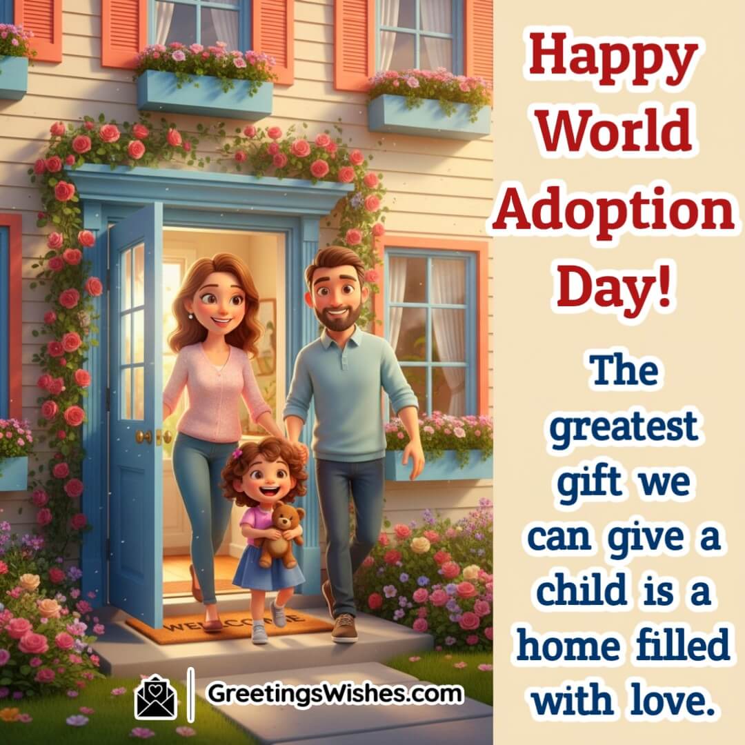 World Adoption Day image featuring a family entering their home together with the child smiling and holding a soft toy, symbolizing warmth, belonging, and unconditional love.