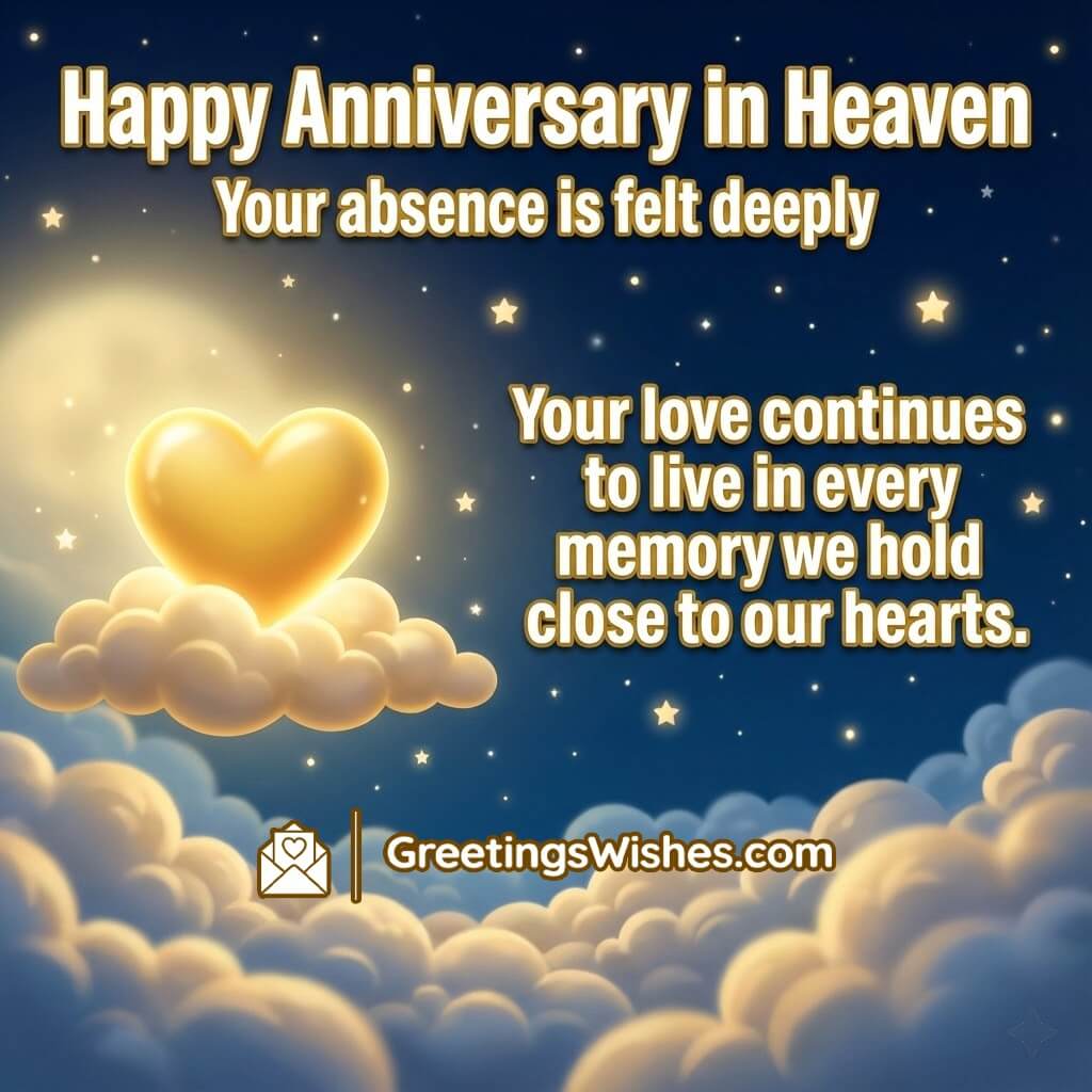 Happy Anniversary in Heaven image featuring a glowing golden heart resting on soft clouds under a dark starry sky with gentle moonlight, symbolizing eternal love and cherished memories.