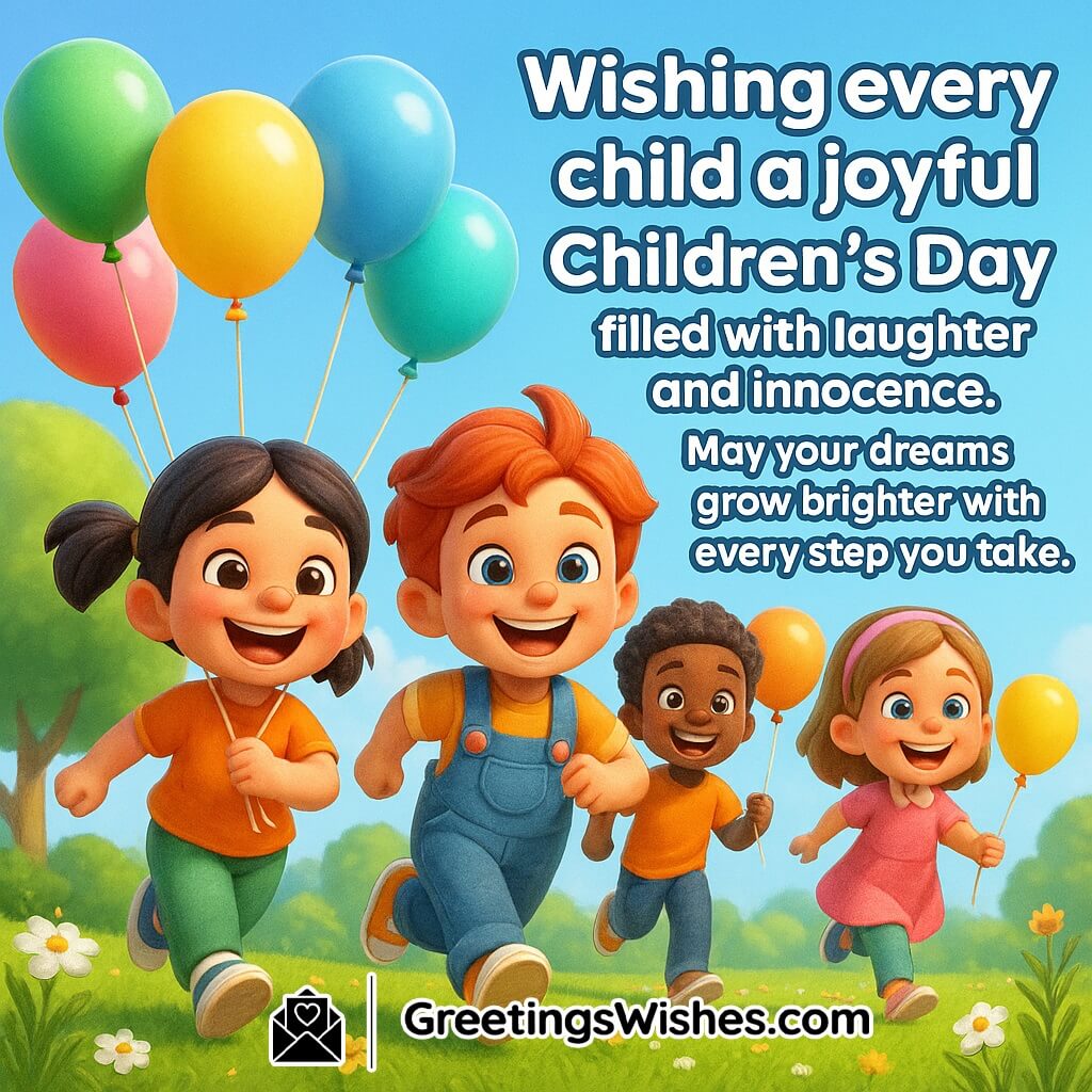 Children’s Day image featuring smiling children running with colorful balloons in a bright park under clear blue sky, symbolizing laughter, innocence, and the brightness of dreams.