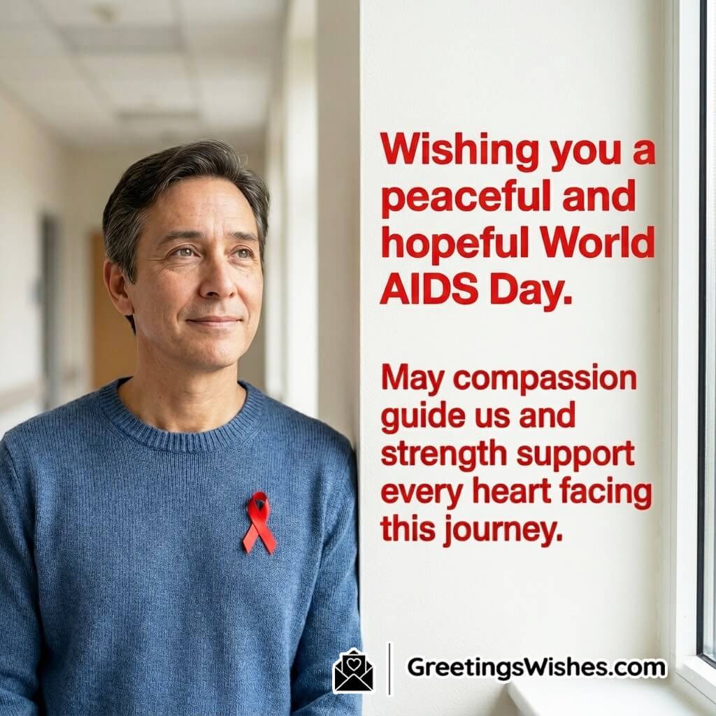 World AIDS Day Peace and Hope Quote Image featuring a thoughtful person and a red ribbon symbol in a clean awareness setting symbolizing compassion, strength, and hope.