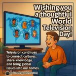 World Television Day image featuring a person watching a large TV showing a world map and diverse people connected across continents, symbolizing knowledge sharing and global awareness.