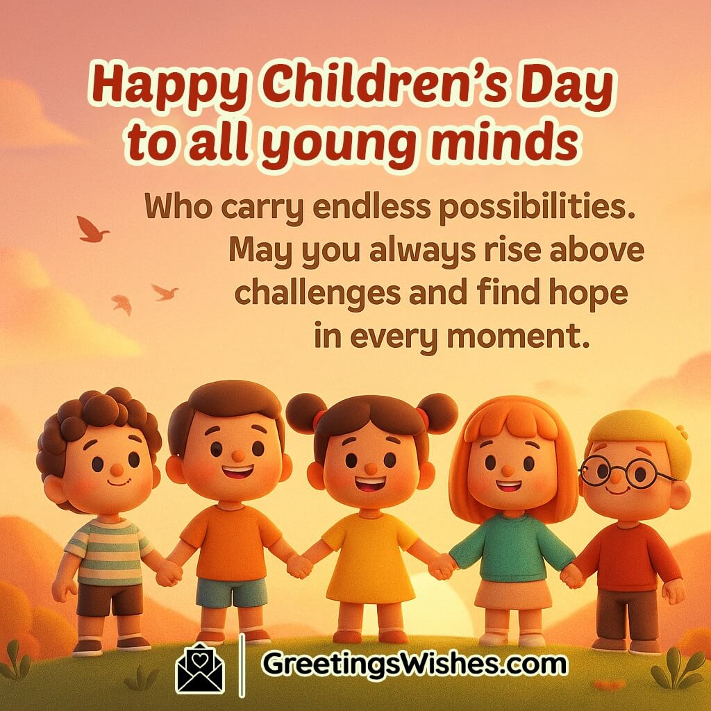 Inspirational Children’s Day image featuring a group of children holding hands and looking at the sunrise from a hilltop, symbolizing unity, hope, and limitless potential.