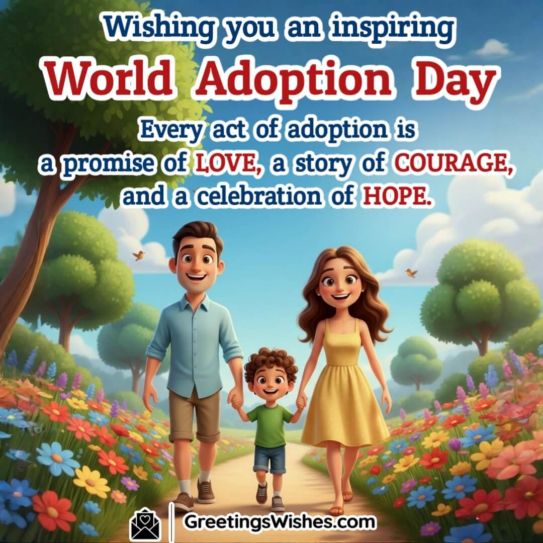 World Adoption Day image featuring parents holding a small child’s hand while walking on a bright pathway lined with flowers, symbolizing courage, love, and hope.