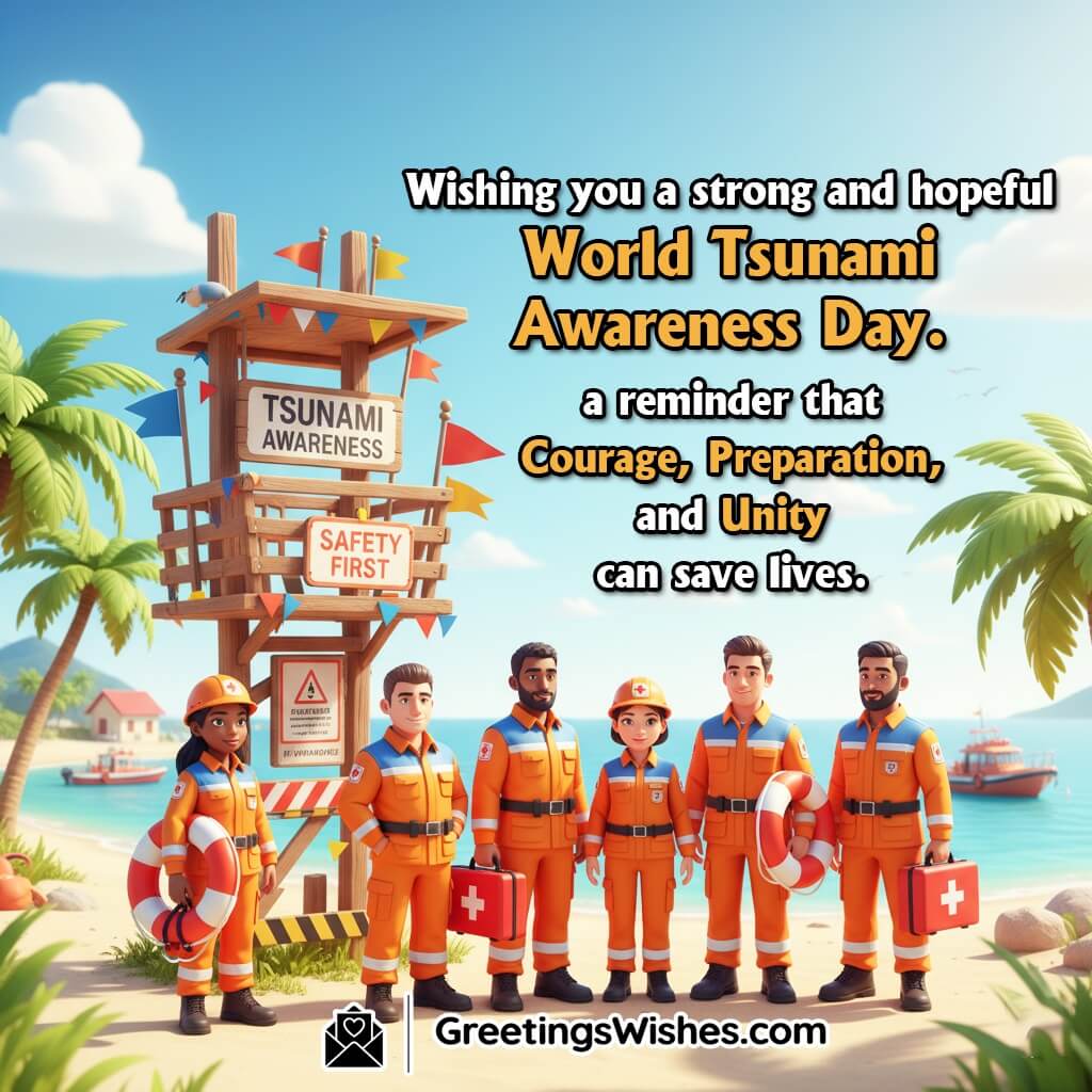 World Tsunami Awareness Day image featuring rescue volunteers standing near coastal safety barriers under clear skies, symbolizing courage, teamwork, and readiness.