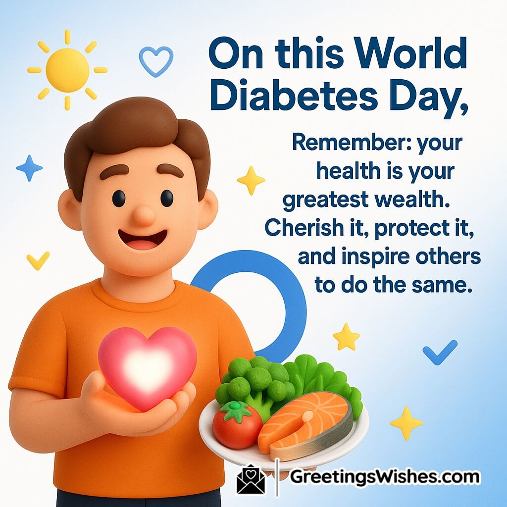 Inspirational World Diabetes Day image featuring a person holding a glowing heart symbol and healthy meal plate beside a blue awareness circle, symbolizing health, care, and self-awareness.