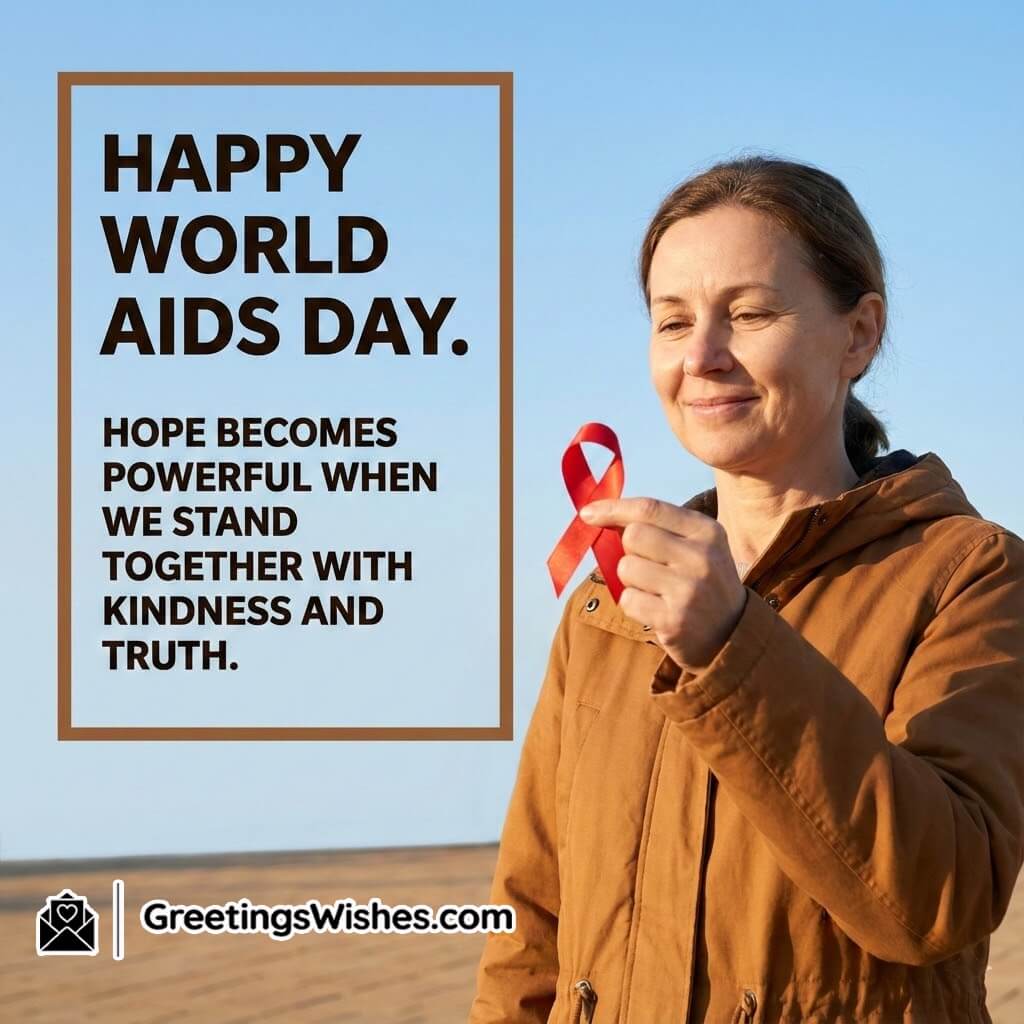 Happy World AIDS Day Hope Quote Image featuring a thoughtful person gently holding a red ribbon symbolizing unity, kindness, and the strength of shared truth.