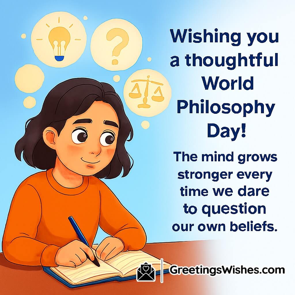 World Philosophy Day image featuring a person writing in a notebook surrounded by glowing thought bubbles, symbolizing reflection, questioning, and mental growth.