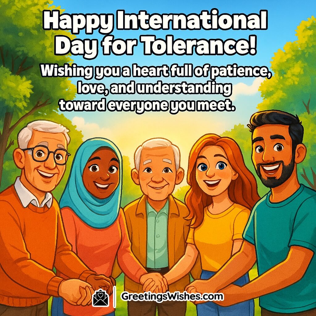 International Day for Tolerance image featuring people of different cultures holding hands in a sunlit park surrounded by trees and blue sky, symbolizing patience, love, and unity.