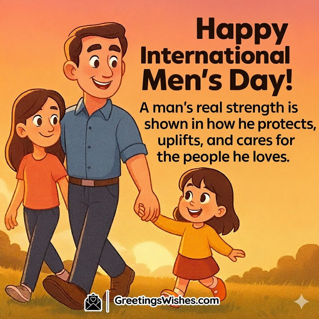 International Men’s Day image featuring a man walking with his family in warm sunset light, symbolizing love, care, and the strength of protection.