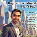 International Men’s Day image featuring a confident man standing near a city skyline with sunlight reflecting on tall buildings, symbolizing strength, courage, and gentle determination.