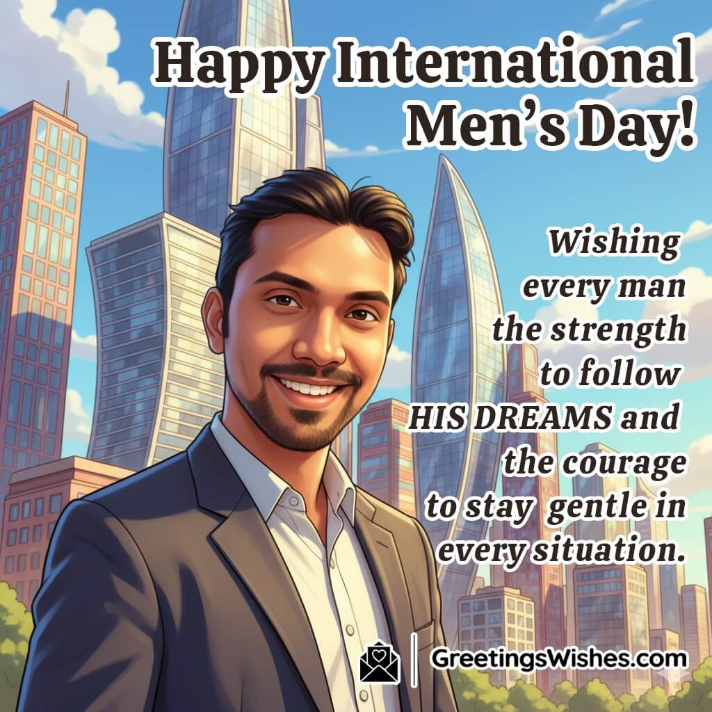 International Men’s Day image featuring a confident man standing near a city skyline with sunlight reflecting on tall buildings, symbolizing strength, courage, and gentle determination.