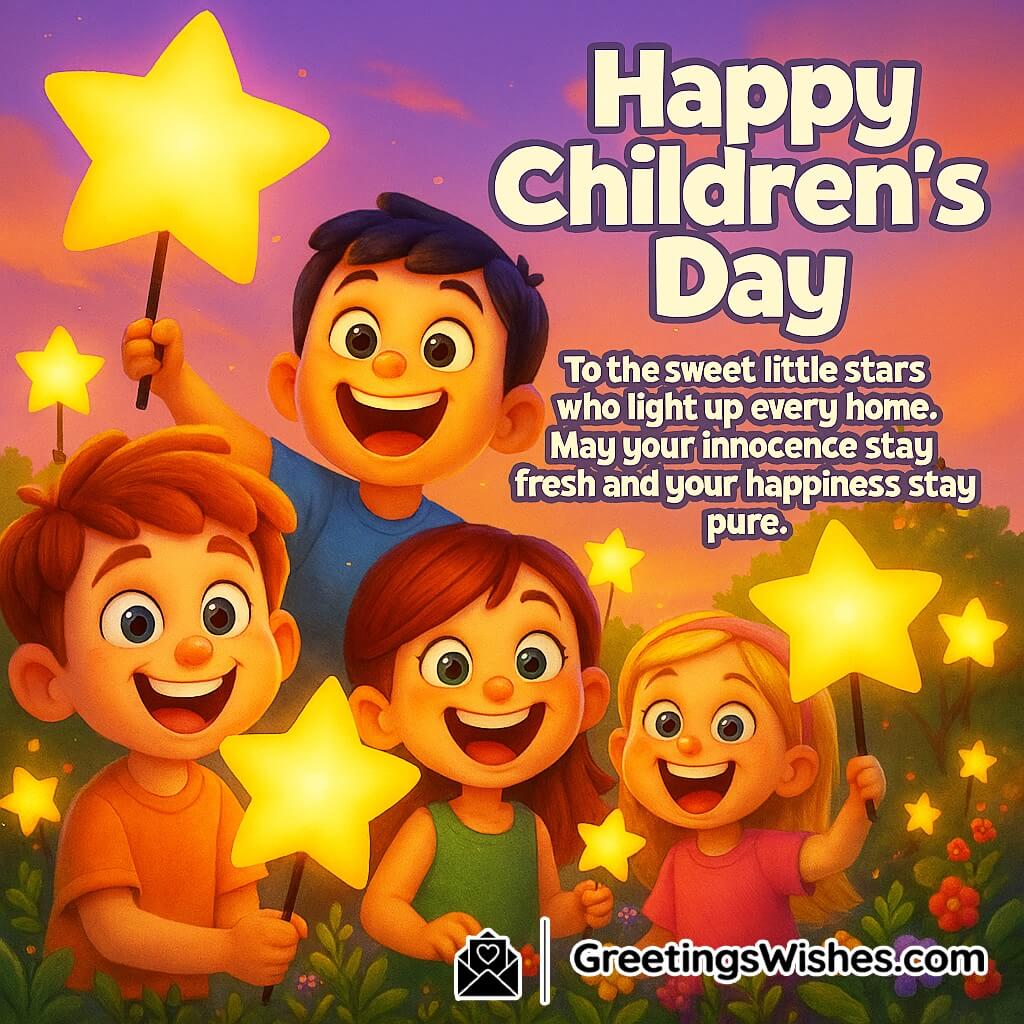 Children’s Day Greetings featuring happy kids playing near glowing lanterns shaped like stars at twilight, symbolizing purity, joy, and the light of innocence.