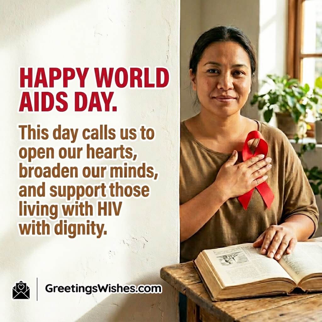 Happy World AIDS Day Dignity and Awareness Message Image featuring a person holding a red ribbon near the heart and an open book symbolizing compassion, knowledge, and dignified support.