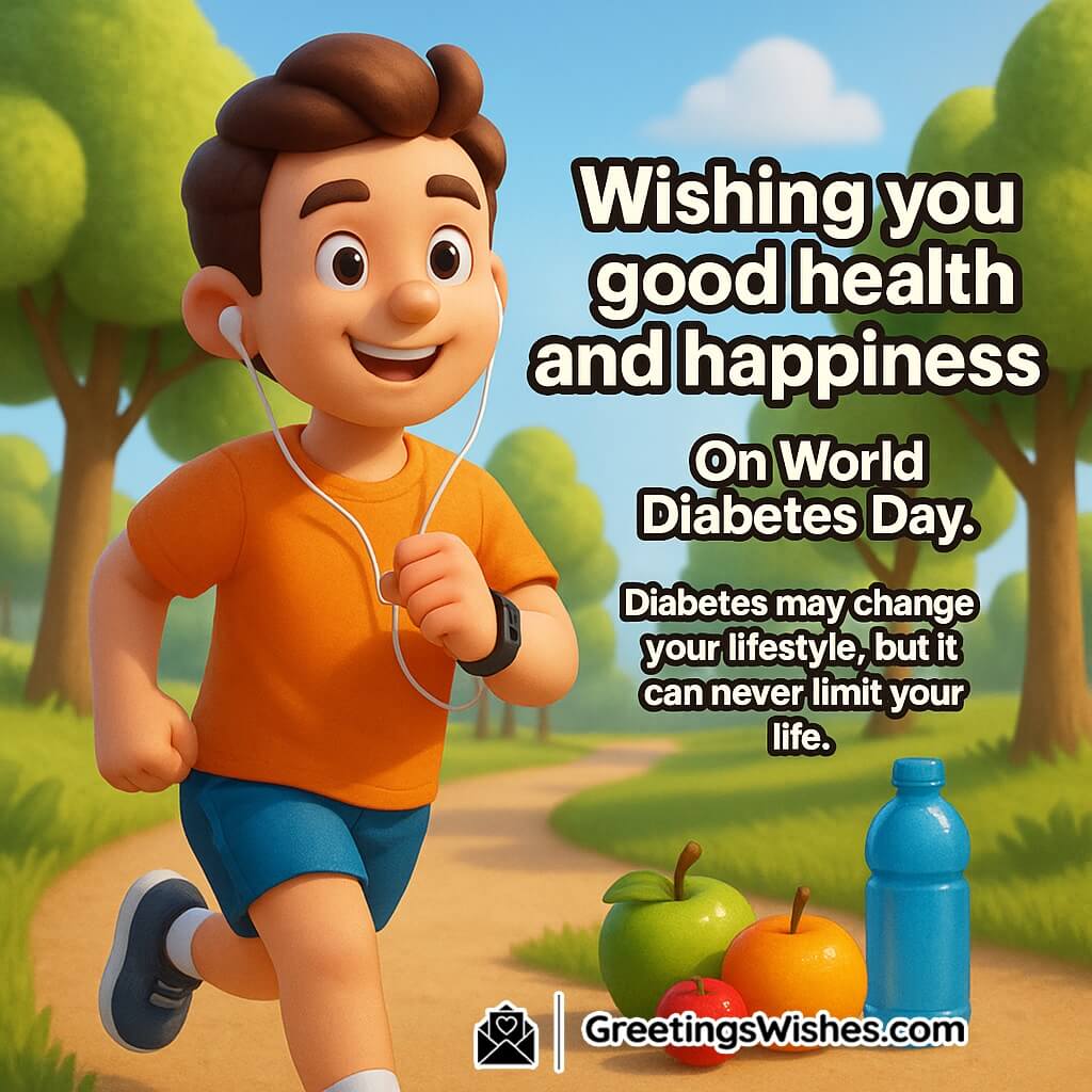 Meaningful World Diabetes Day image featuring a young person jogging with a fitness tracker in a bright park surrounded by fruits and trees, symbolizing strength, activity, and healthy living.