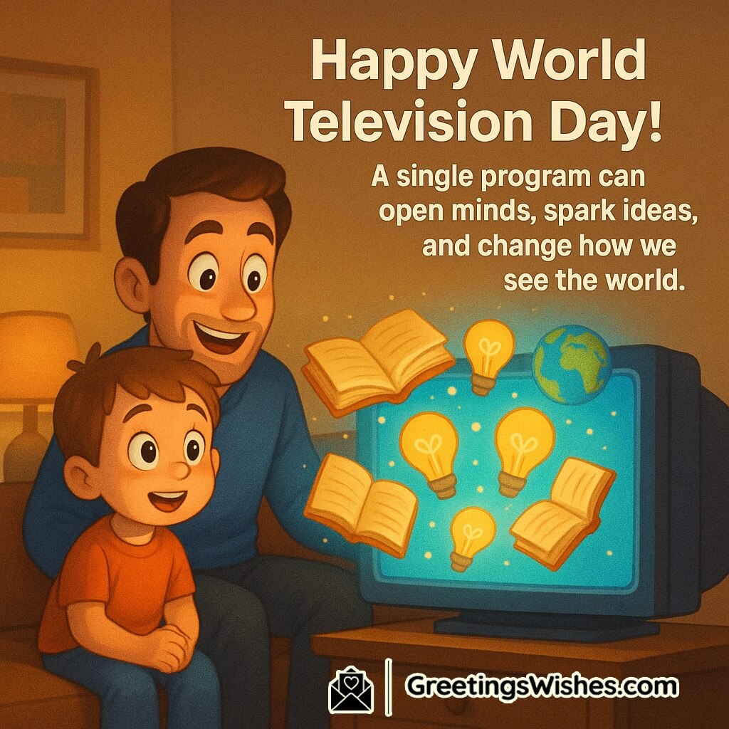 World Television Day image featuring a child and adult watching a glowing TV with books, ideas, and globe symbols emerging from the screen, symbolizing inspiration and open-minded discovery.