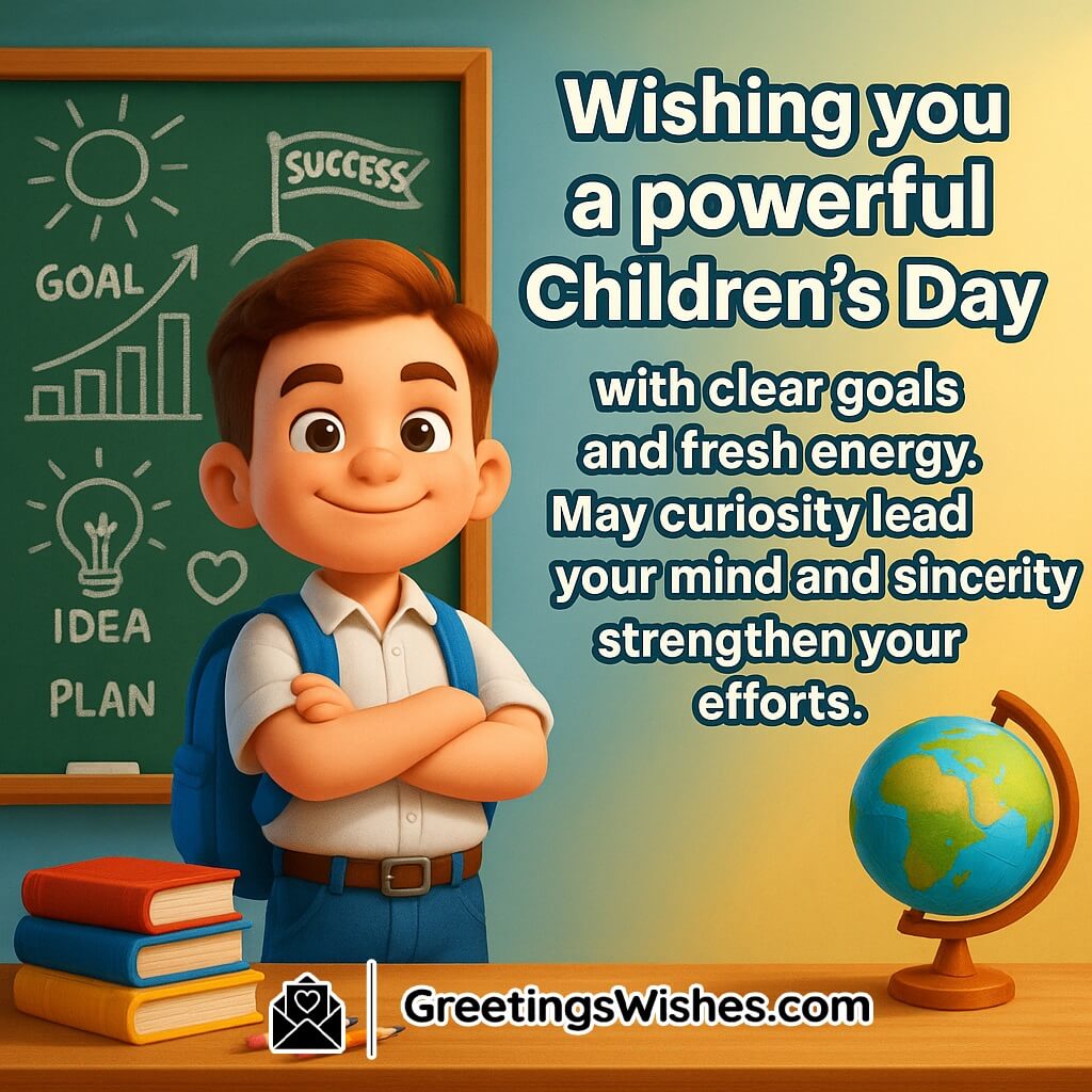 Motivational Children’s Day image featuring a confident student standing in front of a chalkboard filled with colorful goals and drawings, symbolizing curiosity, focus, and new beginnings.