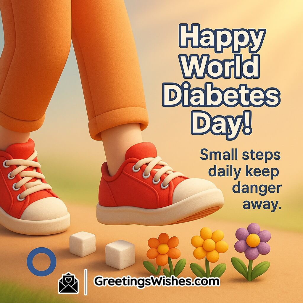 Motivational World Diabetes Day Slogan image featuring walking shoes on a path where sugar cubes turn into blooming flowers, symbolizing small steps, prevention, and positive progress.
