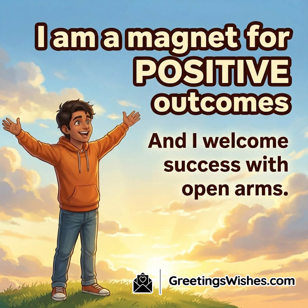 Positive outcome affirmation image with joyful person and natural sunrise symbolizing attraction to success.