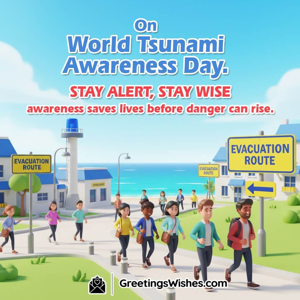 World Tsunami Awareness Day image featuring an illustrated coastal town with sirens and evacuation signs under a bright sky, symbolizing alertness, awareness, and early action.