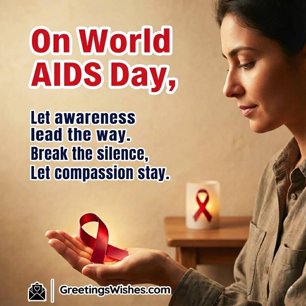 Powerful World Aids Day Slogans For Awareness Image featuring a person holding a glowing red ribbon with natural background space symbolizing awareness, truth, and compassion.