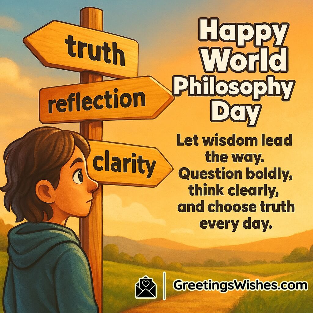 World Philosophy Day image featuring a person standing near a crossroads sign with paths labeled truth, reflection, and clarity, symbolizing bold questioning and wise choices.