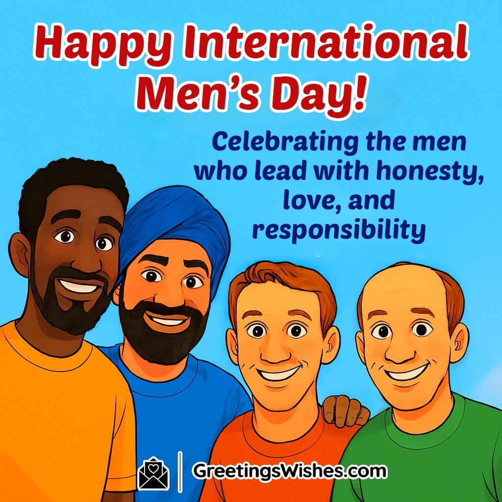 International Men’s Day image featuring diverse men smiling together in a bright outdoor setting with blue sky and sunlight, symbolizing unity, honesty, and responsible leadership.