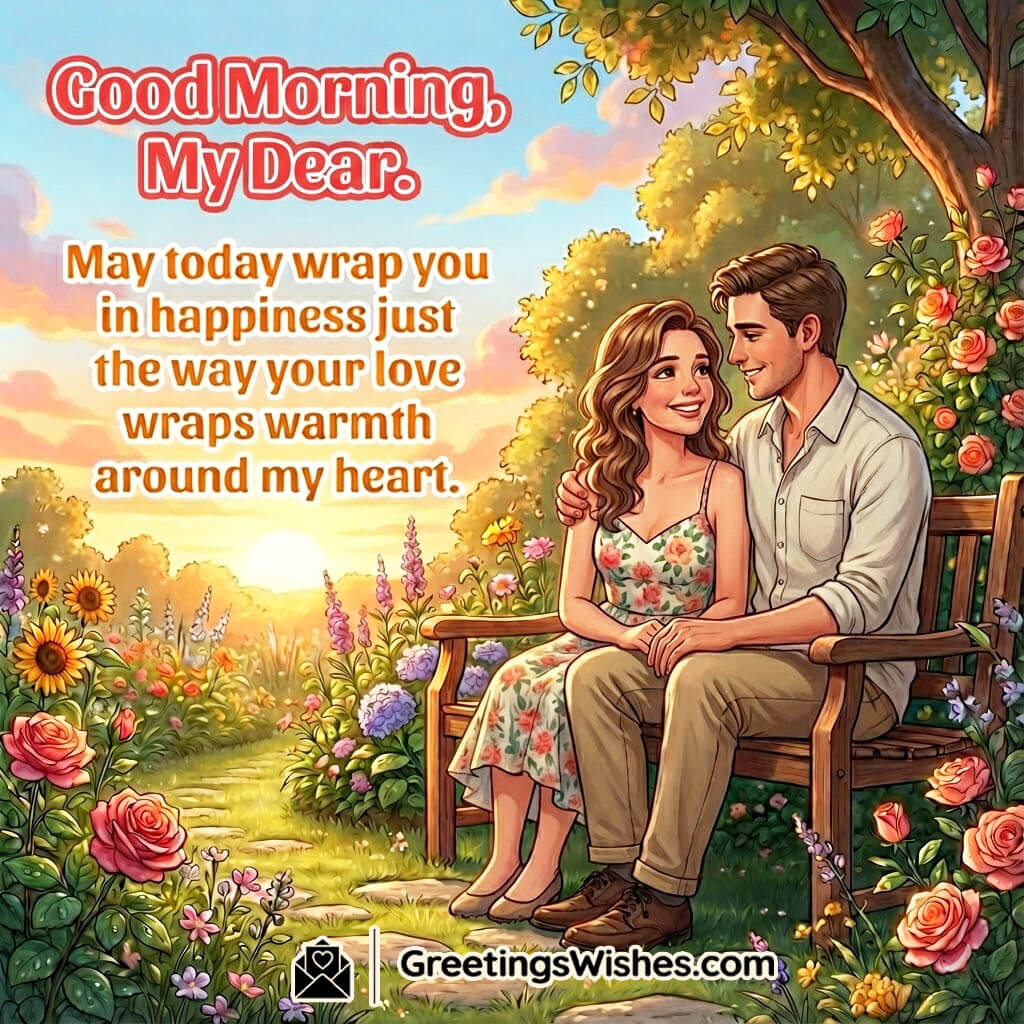 Romantic Good Morning Love Quote Image featuring a couple in a sunrise garden with open sky space, symbolizing closeness, joy, and tender morning love.