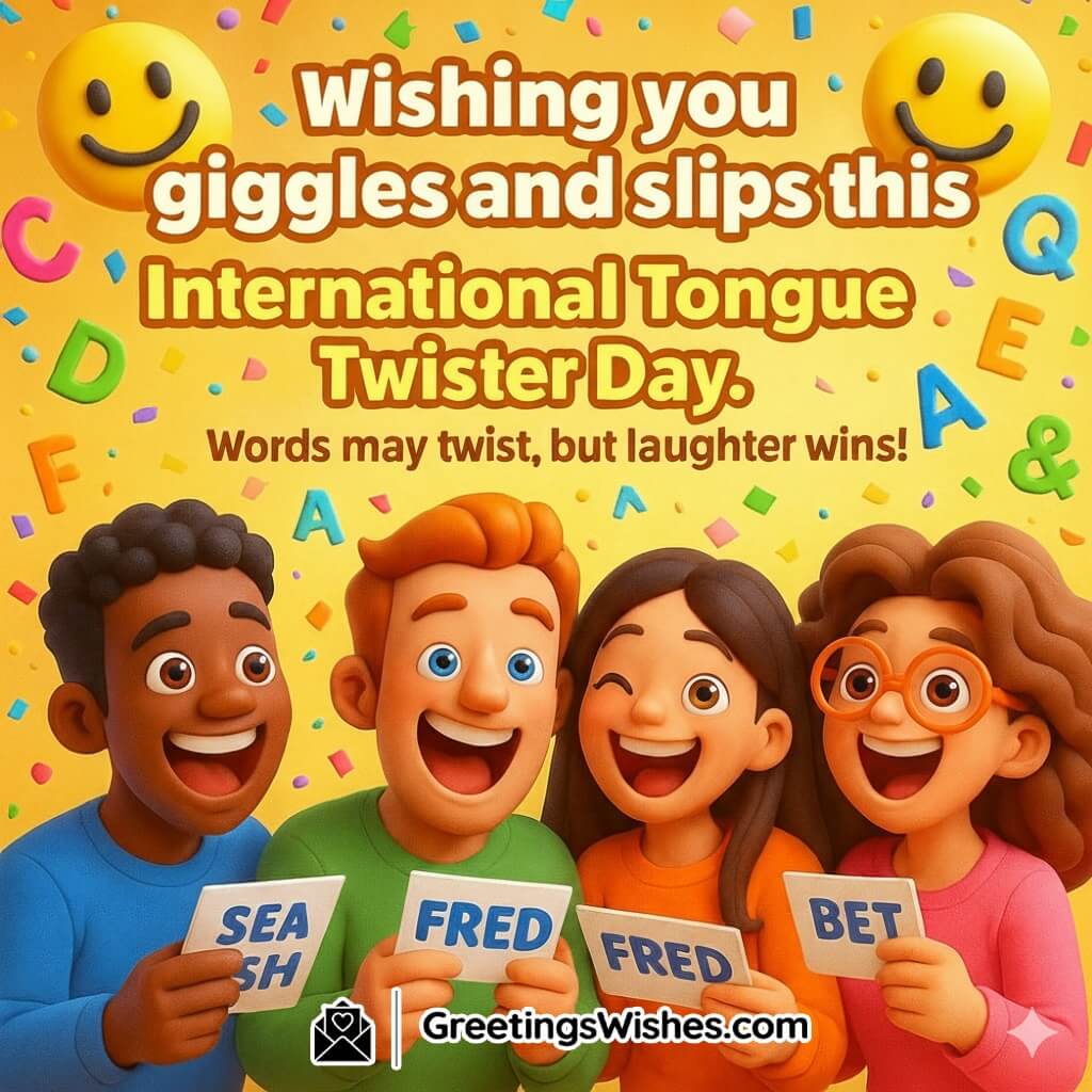International Tongue Twister Day image featuring a cheerful group of people laughing while reading funny word cards with floating alphabets, symbolizing humor, joy, and shared laughter.