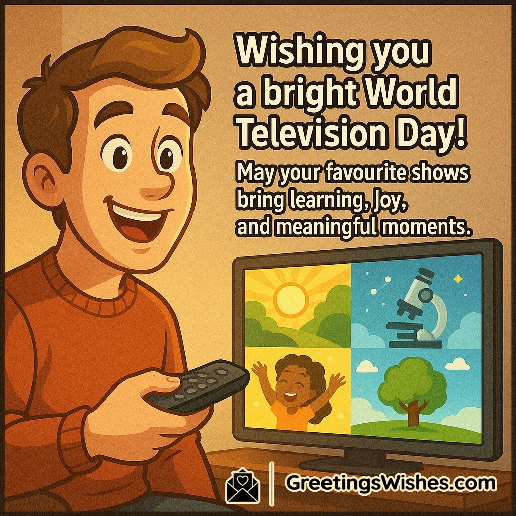 World Television Day image featuring a smiling person holding a remote while colourful scenes of joy, nature, and knowledge appear on the TV screen, symbolizing joyful learning and meaningful viewing.