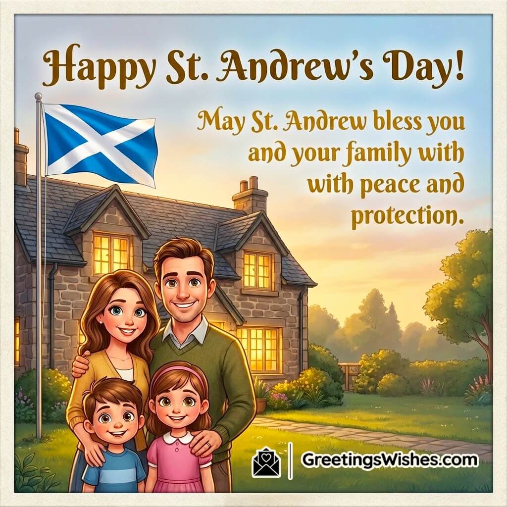 St Andrews Day image featuring a family standing outside their warmly lit home with a Scottish flag waving nearby, symbolizing family peace, protection, and meaningful blessings.